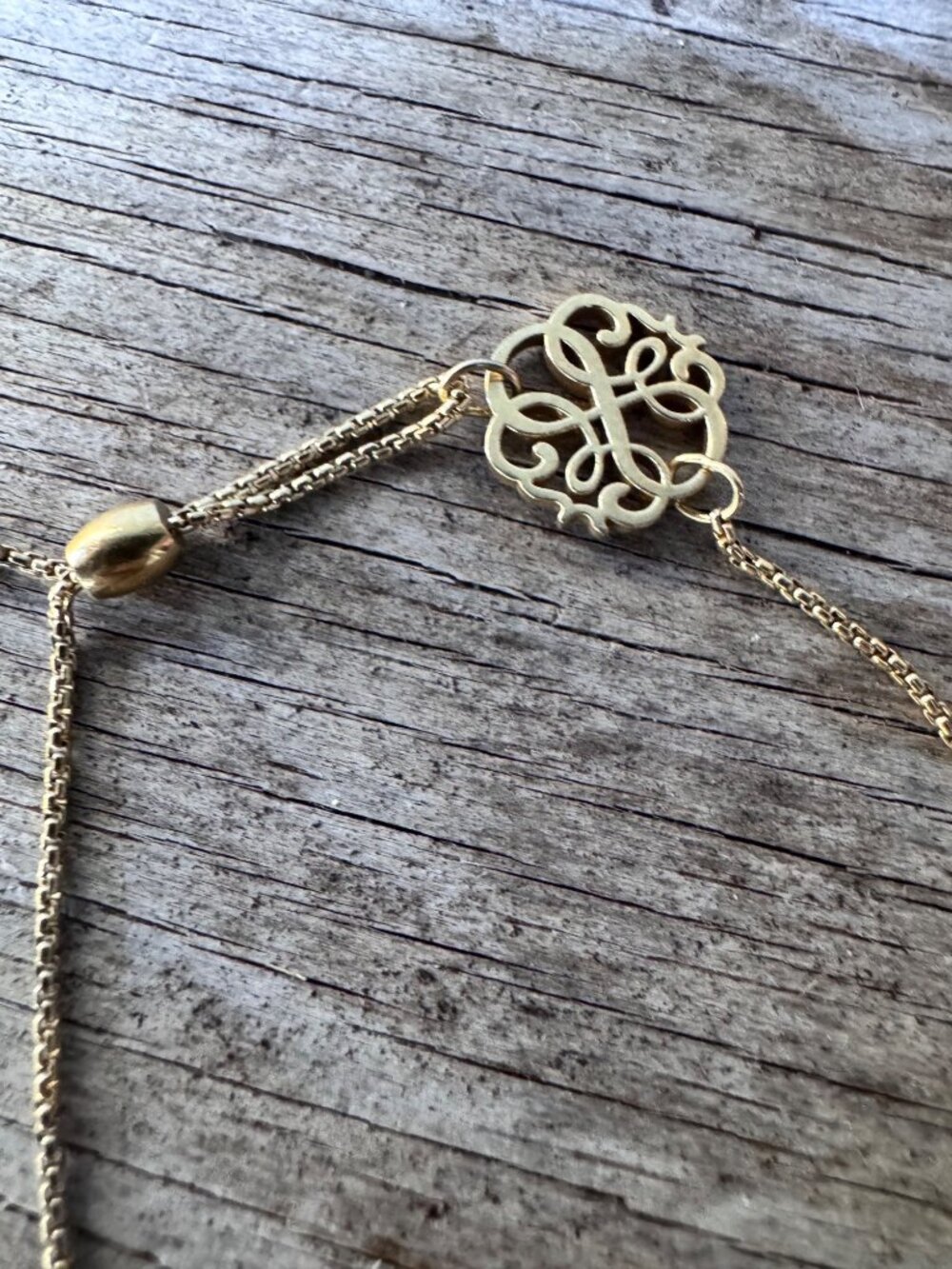 Alex and Ani Gold Tone Slider Necklace Filigree Monogram Charm Adjustable - Picture 5 of 9